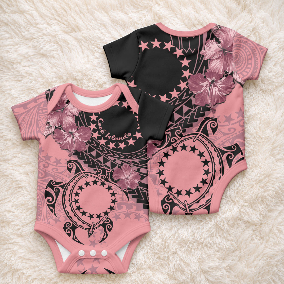 Cook Islands Turtle Baby Onesie Stars and Hibiscus - Pink LT01 - Polynesian Pride