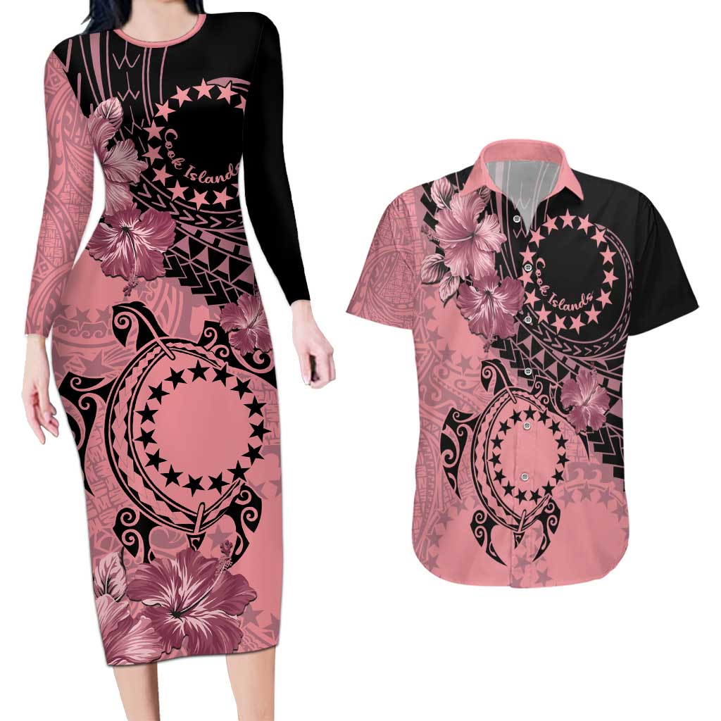 Cook Islands Turtle Couples Matching Long Sleeve Bodycon Dress and Hawaiian Shirt Stars and Hibiscus - Pink LT01 Pink - Polynesian Pride