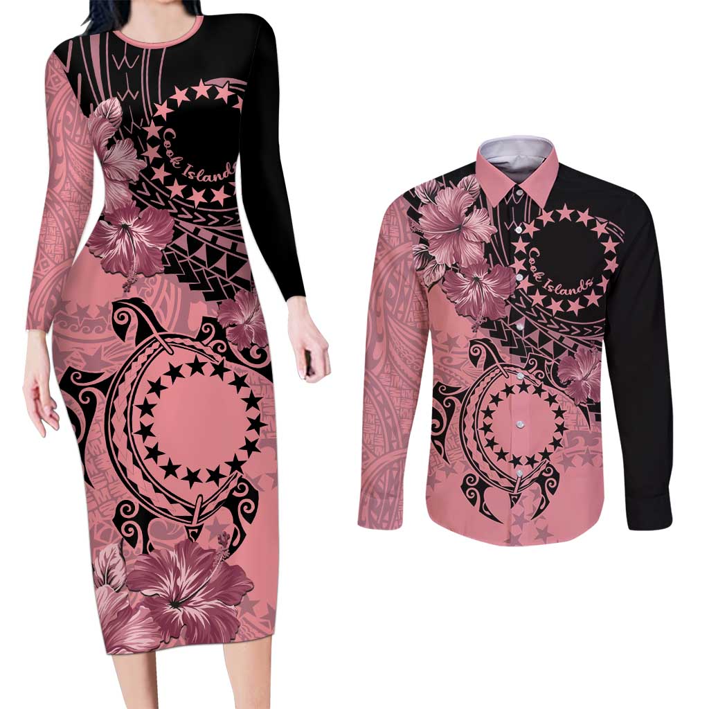 Cook Islands Turtle Couples Matching Long Sleeve Bodycon Dress and Long Sleeve Button Shirt Stars and Hibiscus - Pink LT01 Pink - Polynesian Pride
