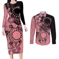 Cook Islands Turtle Couples Matching Long Sleeve Bodycon Dress and Long Sleeve Button Shirt Stars and Hibiscus - Pink LT01 Pink - Polynesian Pride
