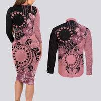 Cook Islands Turtle Couples Matching Long Sleeve Bodycon Dress and Long Sleeve Button Shirt Stars and Hibiscus - Pink LT01 - Polynesian Pride