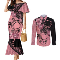 Cook Islands Turtle Couples Matching Mermaid Dress and Long Sleeve Button Shirt Stars and Hibiscus - Pink LT01 Pink - Polynesian Pride