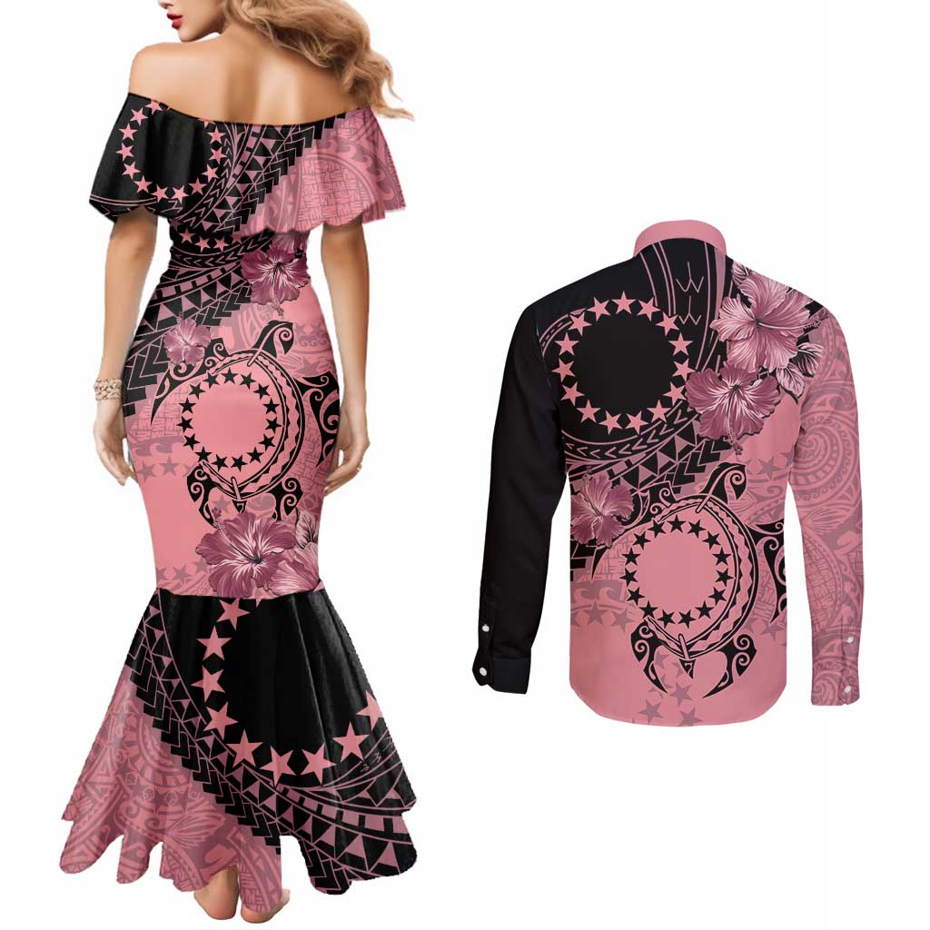 Cook Islands Turtle Couples Matching Mermaid Dress and Long Sleeve Button Shirt Stars and Hibiscus - Pink LT01 - Polynesian Pride