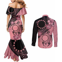 Cook Islands Turtle Couples Matching Mermaid Dress and Long Sleeve Button Shirt Stars and Hibiscus - Pink LT01 - Polynesian Pride