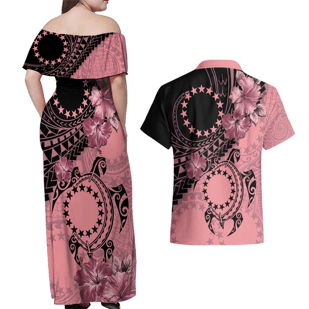 Cook Islands Turtle Couples Matching Off Shoulder Maxi Dress and Hawaiian Shirt Stars and Hibiscus - Pink LT01 - Polynesian Pride