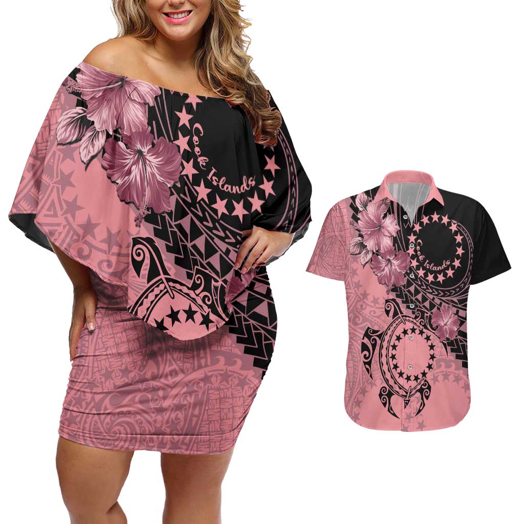 Cook Islands Turtle Couples Matching Off Shoulder Short Dress and Hawaiian Shirt Stars and Hibiscus - Pink LT01 Pink - Polynesian Pride
