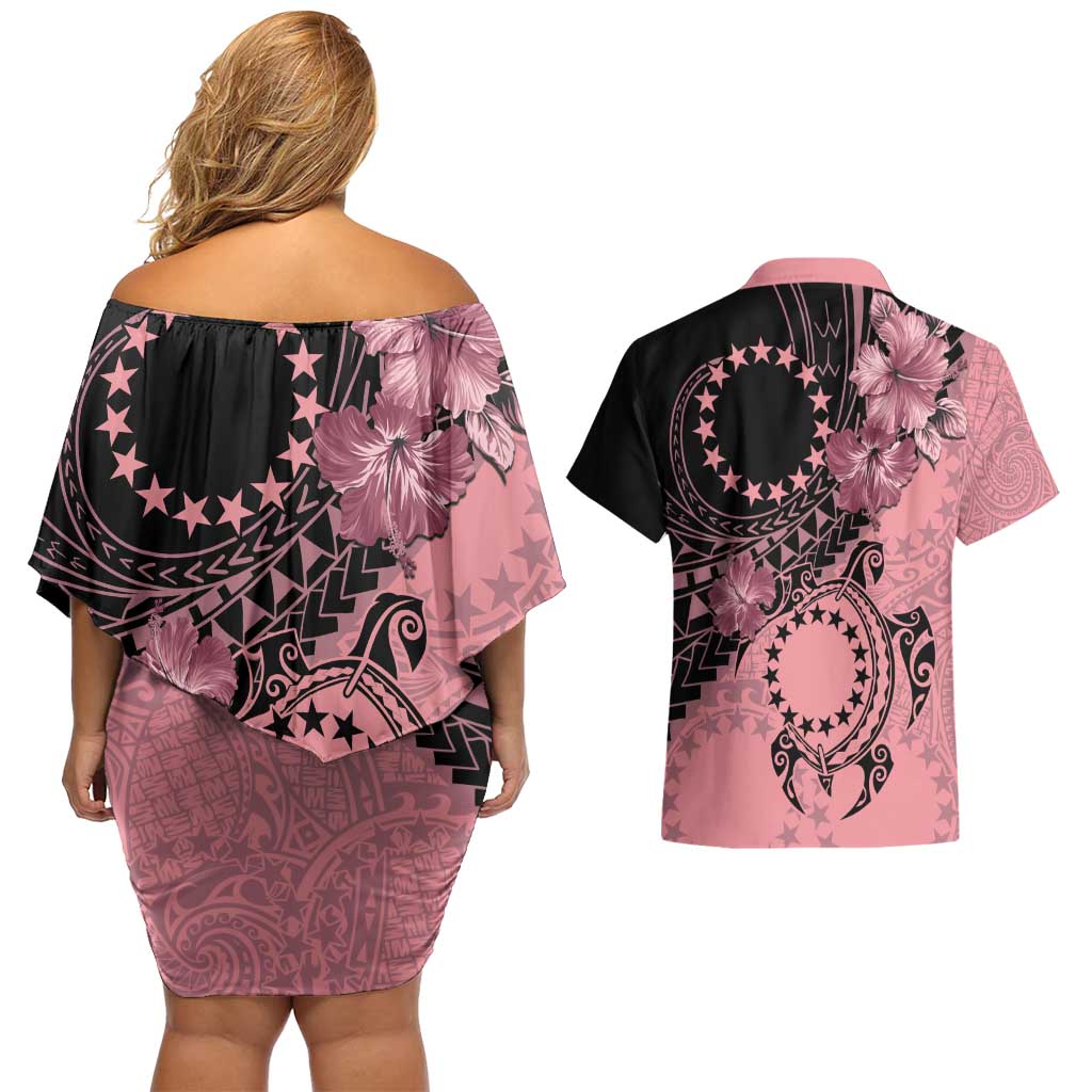 Cook Islands Turtle Couples Matching Off Shoulder Short Dress and Hawaiian Shirt Stars and Hibiscus - Pink LT01 - Polynesian Pride