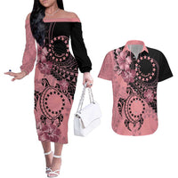 Cook Islands Turtle Couples Matching Off The Shoulder Long Sleeve Dress and Hawaiian Shirt Stars and Hibiscus - Pink LT01 Pink - Polynesian Pride