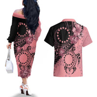 Cook Islands Turtle Couples Matching Off The Shoulder Long Sleeve Dress and Hawaiian Shirt Stars and Hibiscus - Pink LT01 - Polynesian Pride