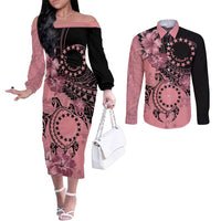Cook Islands Turtle Couples Matching Off The Shoulder Long Sleeve Dress and Long Sleeve Button Shirt Stars and Hibiscus - Pink LT01 Pink - Polynesian Pride