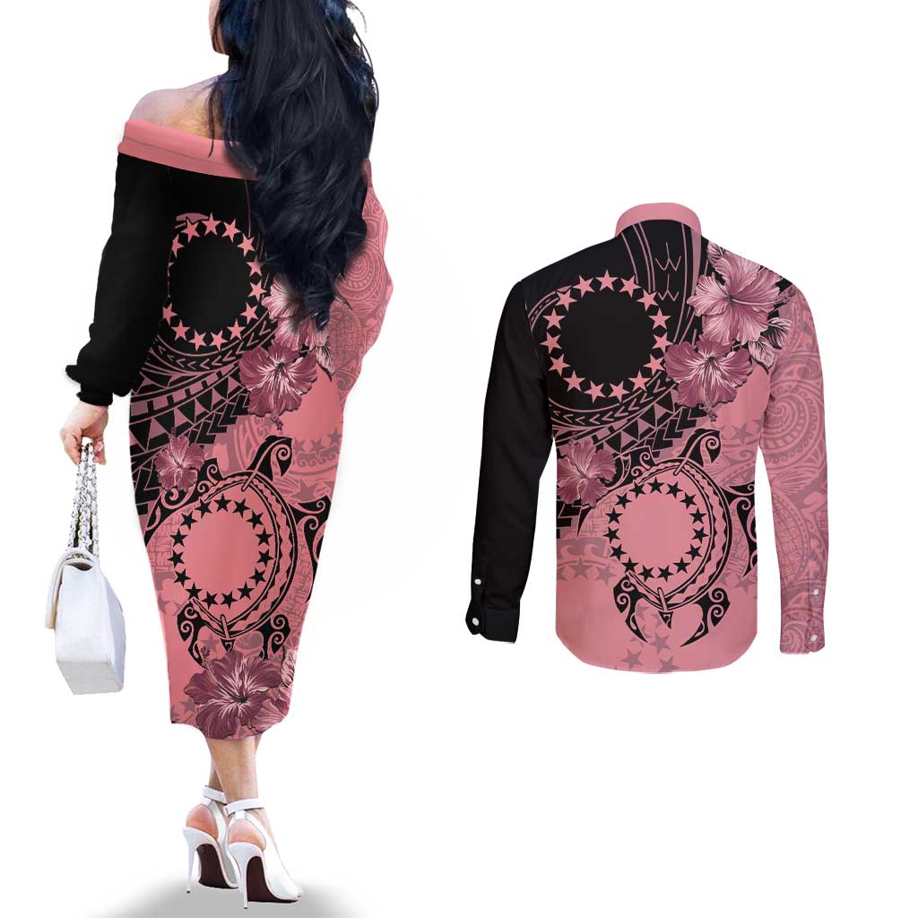 Cook Islands Turtle Couples Matching Off The Shoulder Long Sleeve Dress and Long Sleeve Button Shirt Stars and Hibiscus - Pink LT01 - Polynesian Pride