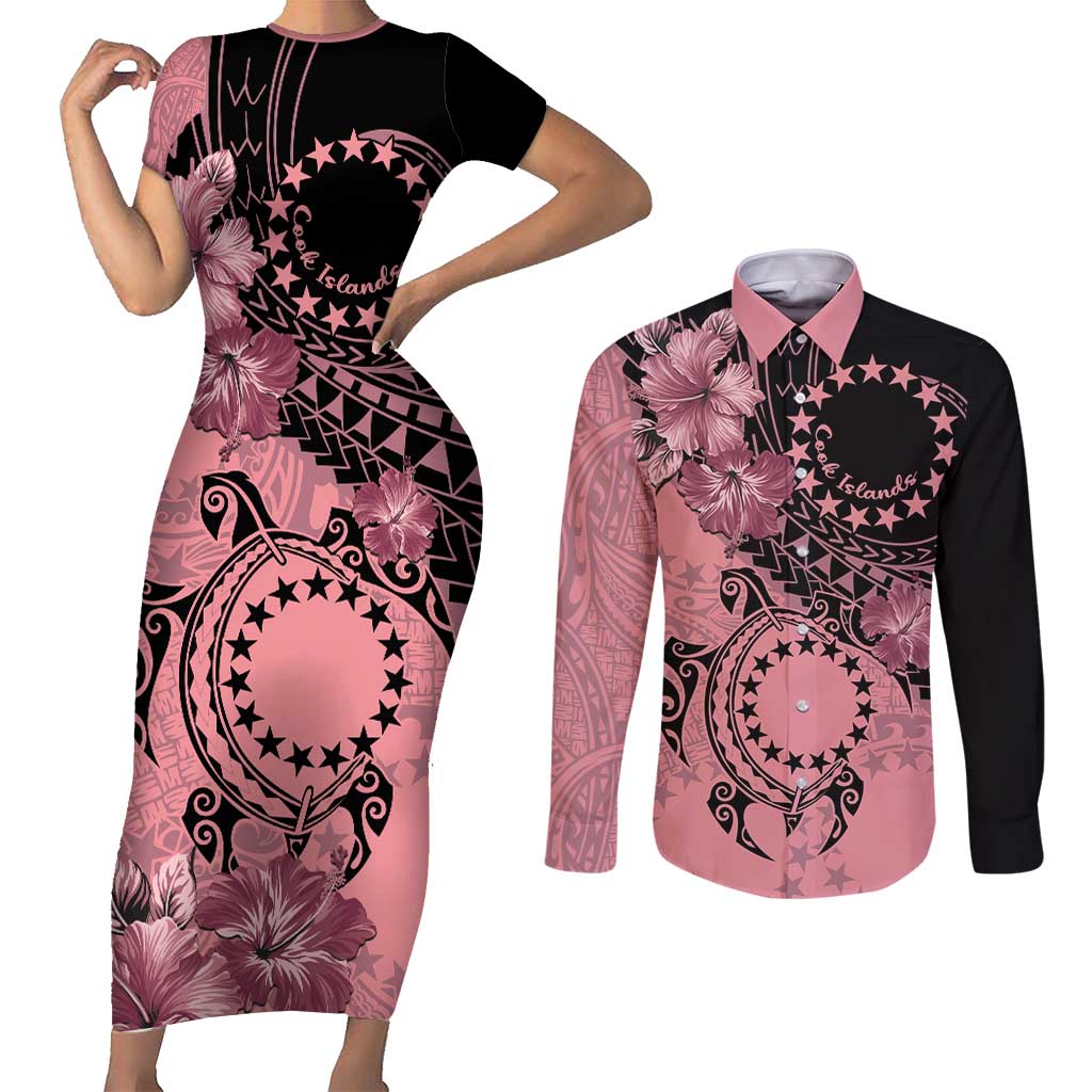 Cook Islands Turtle Couples Matching Short Sleeve Bodycon Dress and Long Sleeve Button Shirt Stars and Hibiscus - Pink LT01 Pink - Polynesian Pride