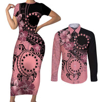 Cook Islands Turtle Couples Matching Short Sleeve Bodycon Dress and Long Sleeve Button Shirt Stars and Hibiscus - Pink LT01 Pink - Polynesian Pride