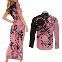 Cook Islands Turtle Couples Matching Short Sleeve Bodycon Dress and Long Sleeve Button Shirt Stars and Hibiscus - Pink LT01 - Polynesian Pride