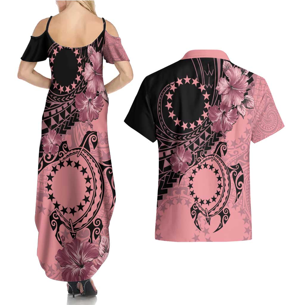 Cook Islands Turtle Couples Matching Summer Maxi Dress and Hawaiian Shirt Stars and Hibiscus - Pink LT01 - Polynesian Pride