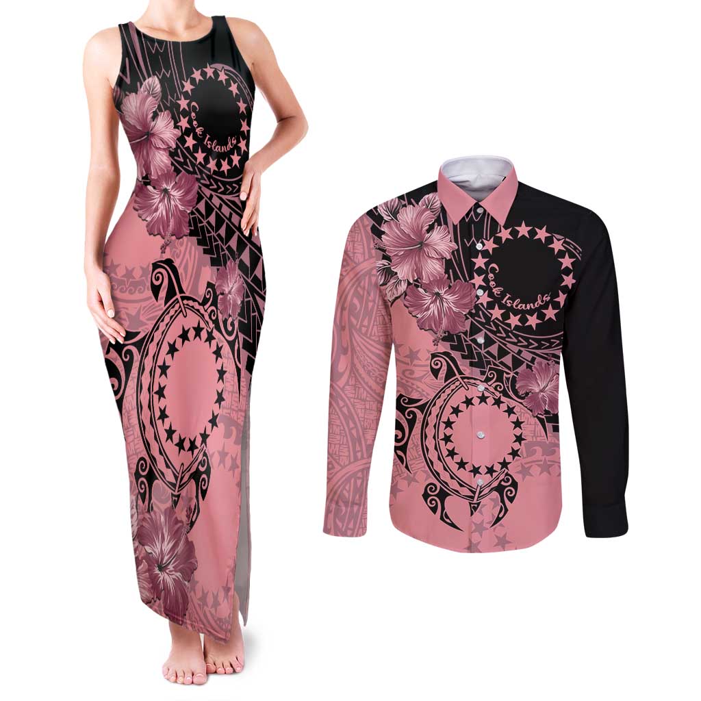 Cook Islands Turtle Couples Matching Tank Maxi Dress and Long Sleeve Button Shirt Stars and Hibiscus - Pink LT01 Pink - Polynesian Pride