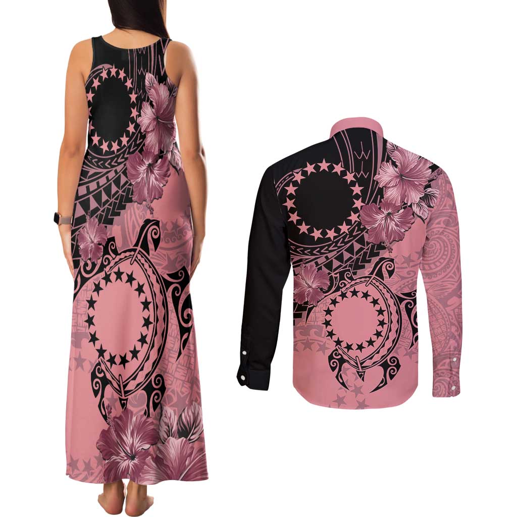 Cook Islands Turtle Couples Matching Tank Maxi Dress and Long Sleeve Button Shirt Stars and Hibiscus - Pink LT01 - Polynesian Pride