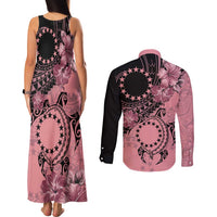 Cook Islands Turtle Couples Matching Tank Maxi Dress and Long Sleeve Button Shirt Stars and Hibiscus - Pink LT01 - Polynesian Pride
