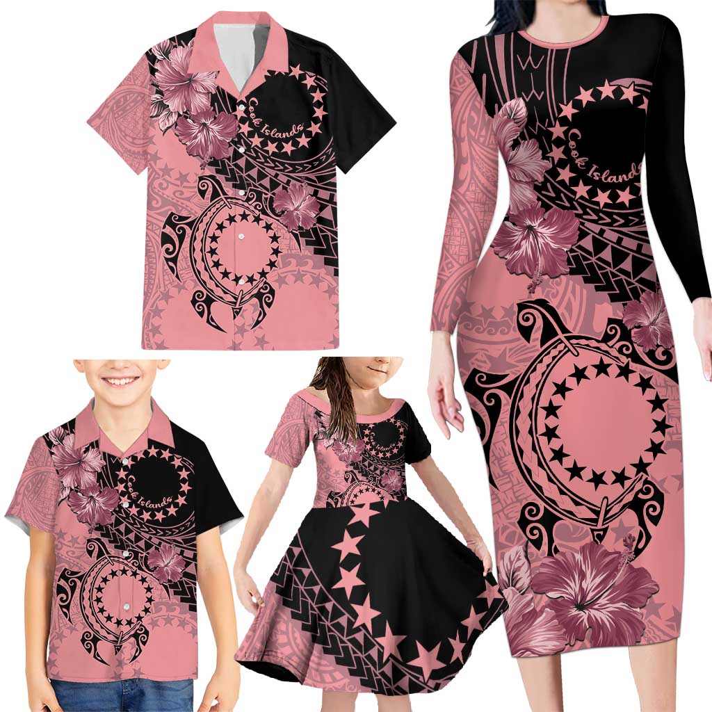 Cook Islands Turtle Family Matching Long Sleeve Bodycon Dress and Hawaiian Shirt Stars and Hibiscus - Pink LT01 - Polynesian Pride
