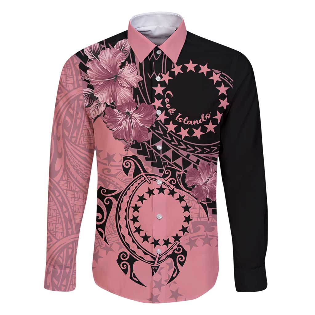 Cook Islands Turtle Family Matching Long Sleeve Bodycon Dress and Hawaiian Shirt Stars and Hibiscus - Pink LT01 Dad's Shirt - Long Sleeve Pink - Polynesian Pride
