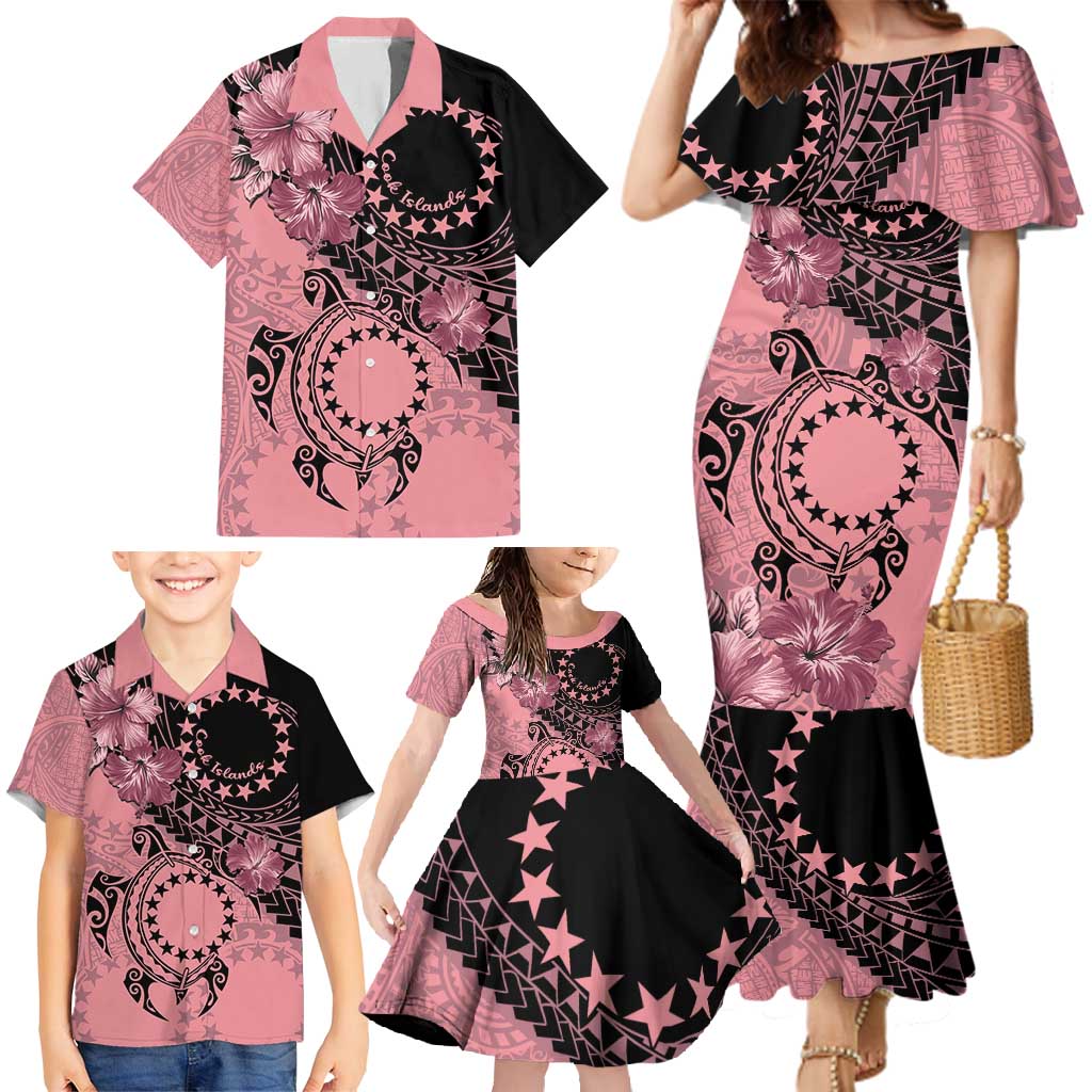 Cook Islands Turtle Family Matching Mermaid Dress and Hawaiian Shirt Stars and Hibiscus - Pink LT01 - Polynesian Pride
