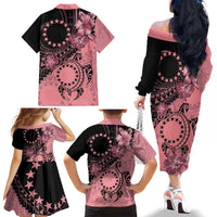 Cook Islands Turtle Family Matching Off The Shoulder Long Sleeve Dress and Hawaiian Shirt Stars and Hibiscus - Pink LT01 - Polynesian Pride