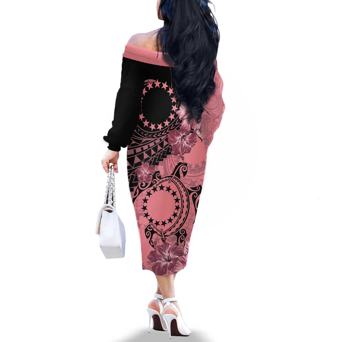 Cook Islands Turtle Family Matching Off The Shoulder Long Sleeve Dress and Hawaiian Shirt Stars and Hibiscus - Pink LT01 - Polynesian Pride