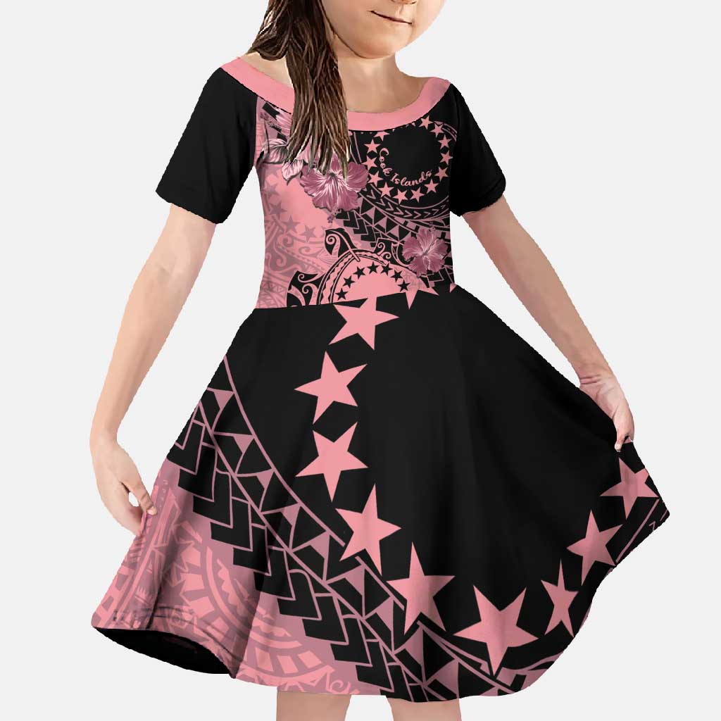 Cook Islands Turtle Family Matching Off Shoulder Maxi Dress and Hawaiian Shirt Stars and Hibiscus - Pink LT01 Daughter's Dress Pink - Polynesian Pride