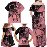 Cook Islands Turtle Family Matching Off Shoulder Maxi Dress and Hawaiian Shirt Stars and Hibiscus - Pink LT01 - Polynesian Pride