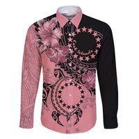 Cook Islands Turtle Family Matching Off Shoulder Maxi Dress and Hawaiian Shirt Stars and Hibiscus - Pink LT01 Dad's Shirt - Long Sleeve Pink - Polynesian Pride