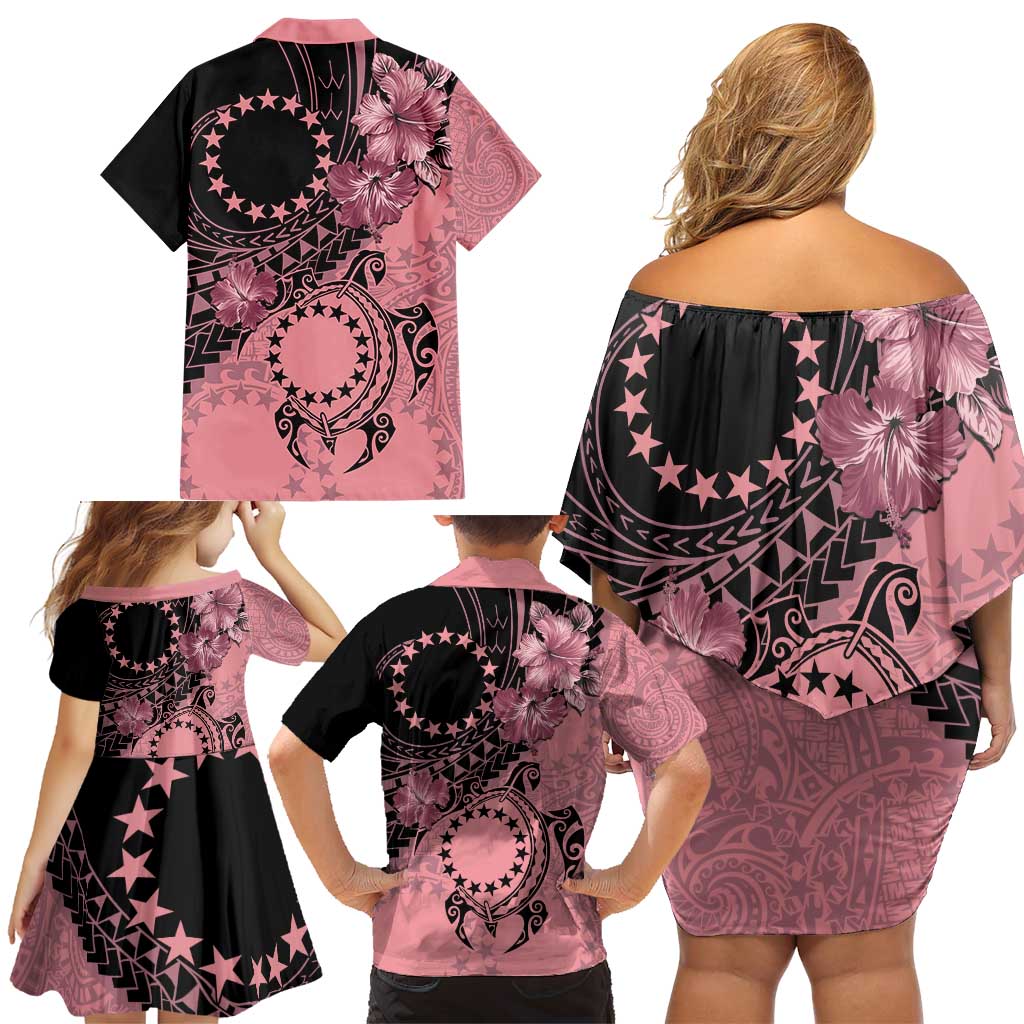 Cook Islands Turtle Family Matching Off Shoulder Short Dress and Hawaiian Shirt Stars and Hibiscus - Pink LT01 - Polynesian Pride