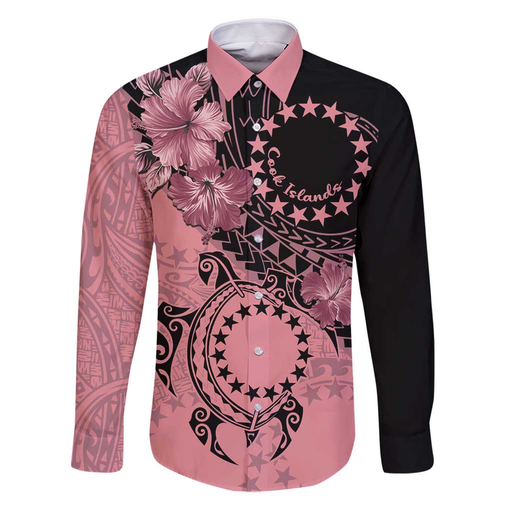 Cook Islands Turtle Family Matching Puletasi and Hawaiian Shirt Stars and Hibiscus - Pink LT01 Dad's Shirt - Long Sleeve Pink - Polynesian Pride
