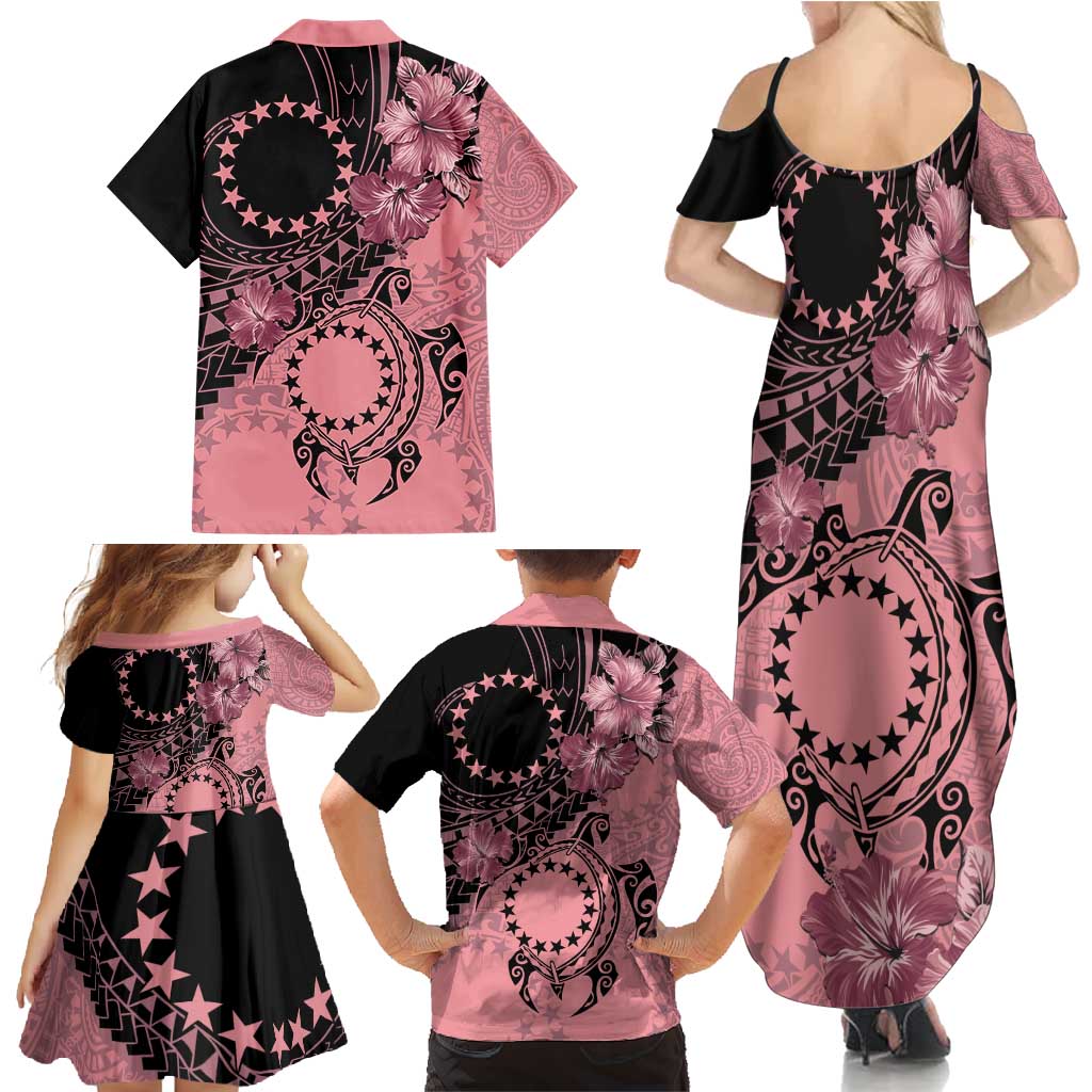 Cook Islands Turtle Family Matching Summer Maxi Dress and Hawaiian Shirt Stars and Hibiscus - Pink LT01 - Polynesian Pride