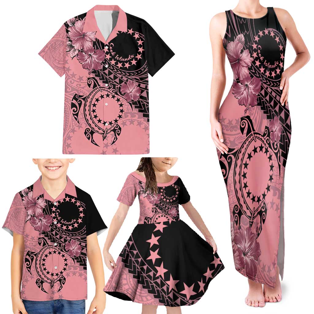 Cook Islands Turtle Family Matching Tank Maxi Dress and Hawaiian Shirt Stars and Hibiscus - Pink LT01 - Polynesian Pride