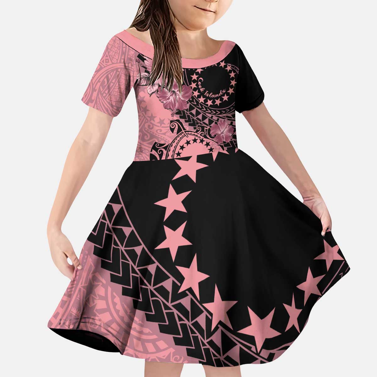 Cook Islands Turtle Kid Short Sleeve Dress Stars and Hibiscus - Pink LT01 KID Pink - Polynesian Pride