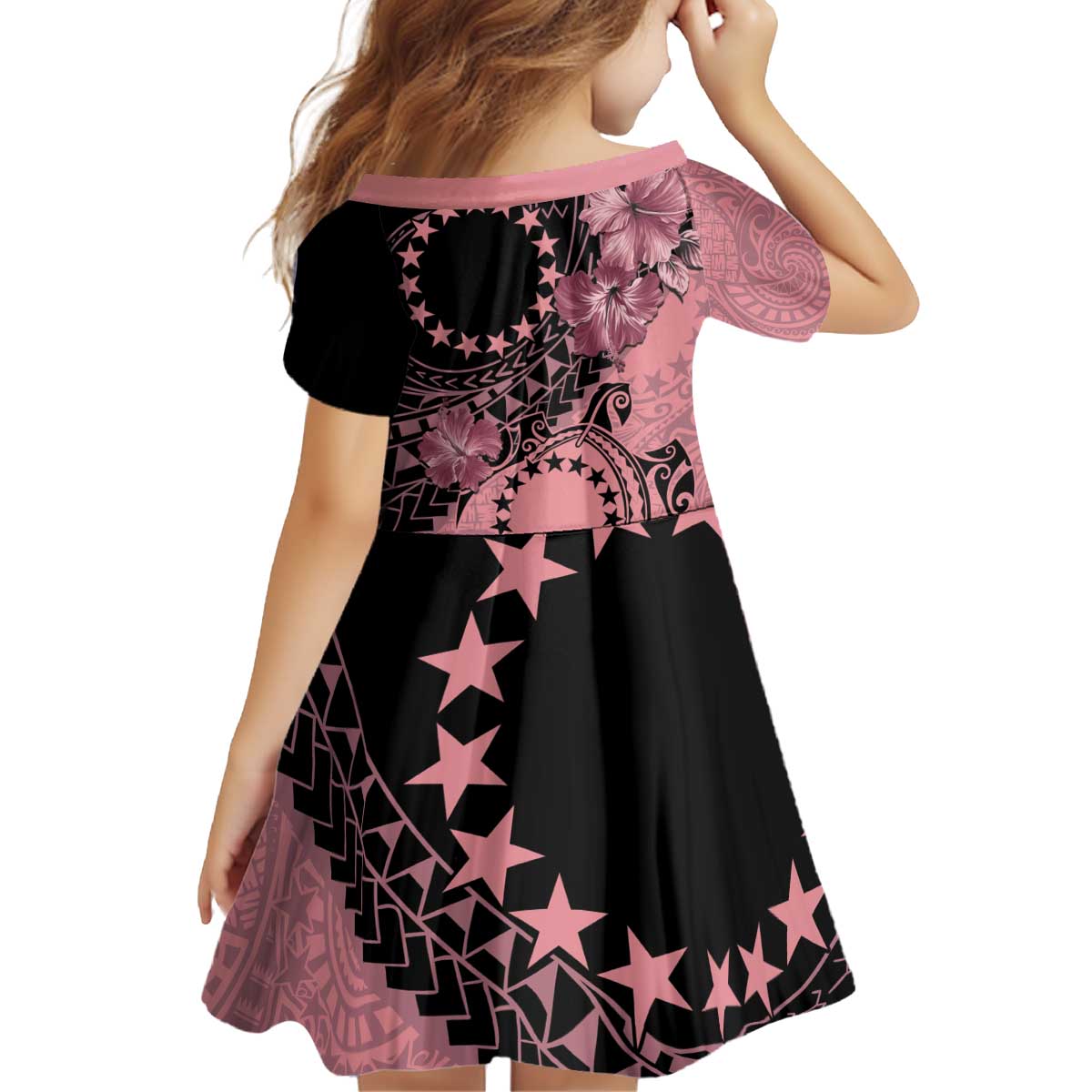 Cook Islands Turtle Kid Short Sleeve Dress Stars and Hibiscus - Pink LT01 - Polynesian Pride
