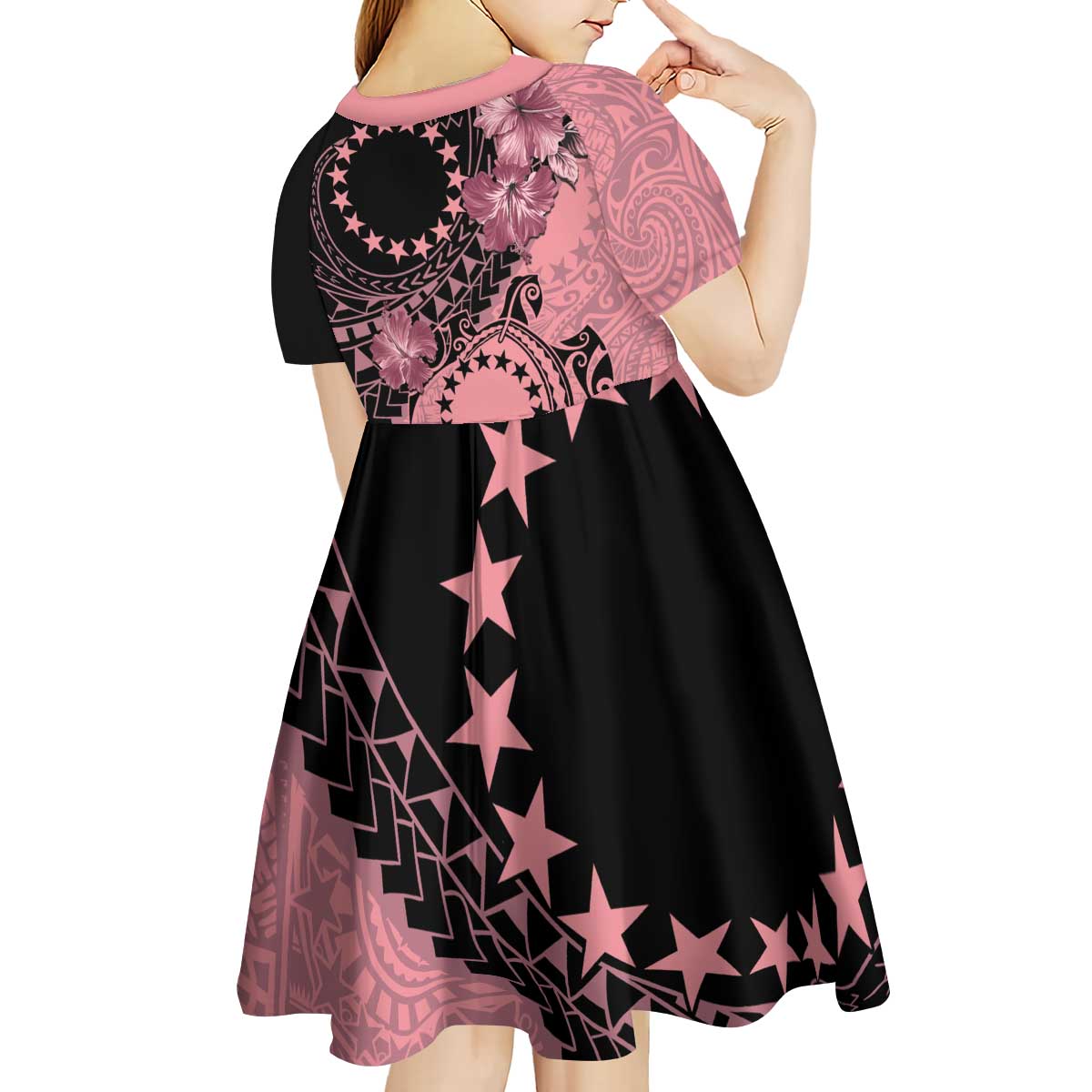 Cook Islands Turtle Kid Short Sleeve Dress Stars and Hibiscus - Pink LT01 - Polynesian Pride