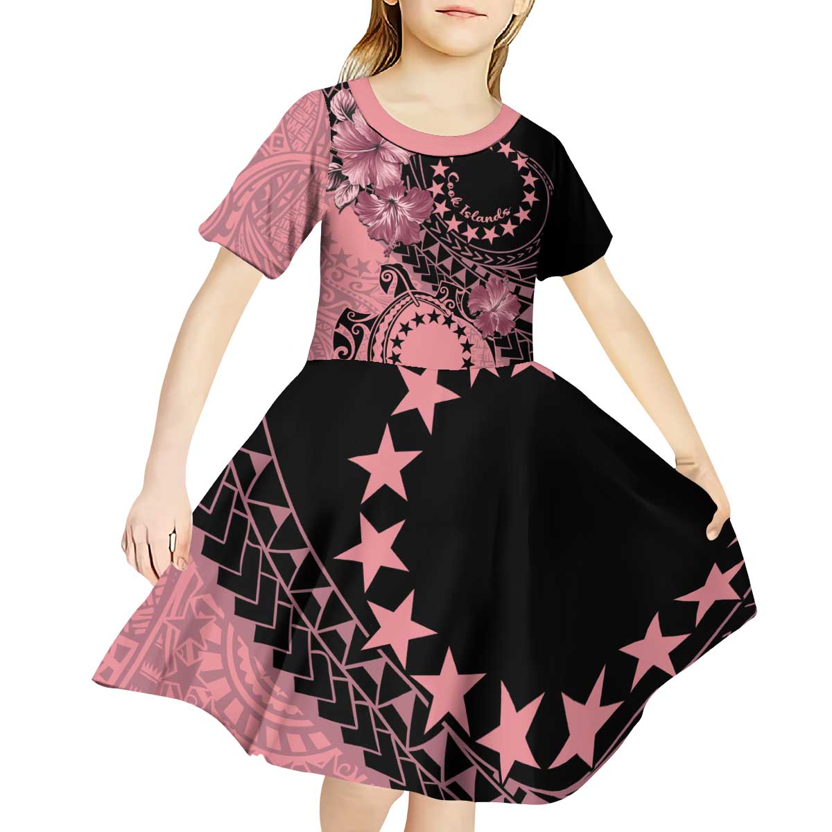 Cook Islands Turtle Kid Short Sleeve Dress Stars and Hibiscus - Pink LT01 - Polynesian Pride