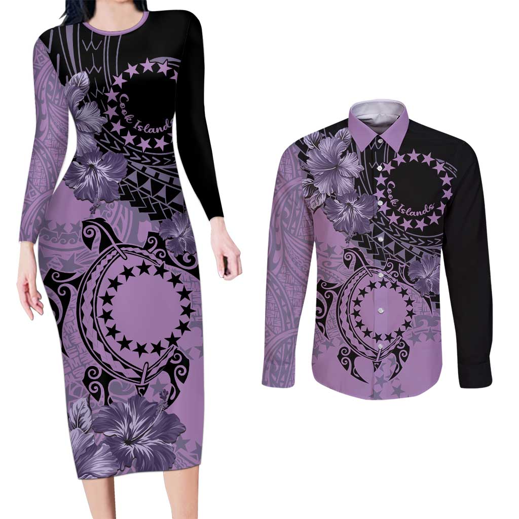 Cook Islands Turtle Couples Matching Long Sleeve Bodycon Dress and Long Sleeve Button Shirt Stars and Hibiscus - Purple LT01 Purple - Polynesian Pride