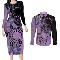 Cook Islands Turtle Couples Matching Long Sleeve Bodycon Dress and Long Sleeve Button Shirt Stars and Hibiscus - Purple LT01 Purple - Polynesian Pride