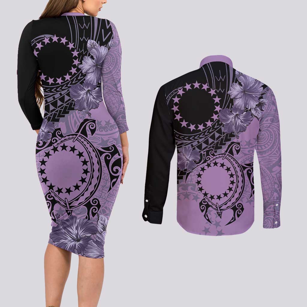 Cook Islands Turtle Couples Matching Long Sleeve Bodycon Dress and Long Sleeve Button Shirt Stars and Hibiscus - Purple LT01 - Polynesian Pride