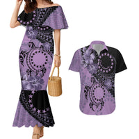 Cook Islands Turtle Couples Matching Mermaid Dress and Hawaiian Shirt Stars and Hibiscus - Purple LT01 Purple - Polynesian Pride