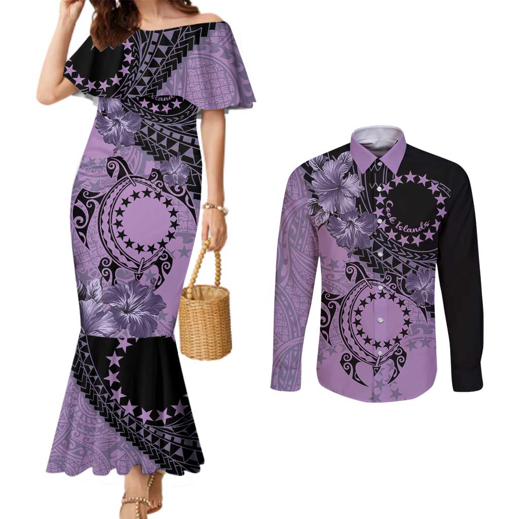 Cook Islands Turtle Couples Matching Mermaid Dress and Long Sleeve Button Shirt Stars and Hibiscus - Purple LT01 Purple - Polynesian Pride