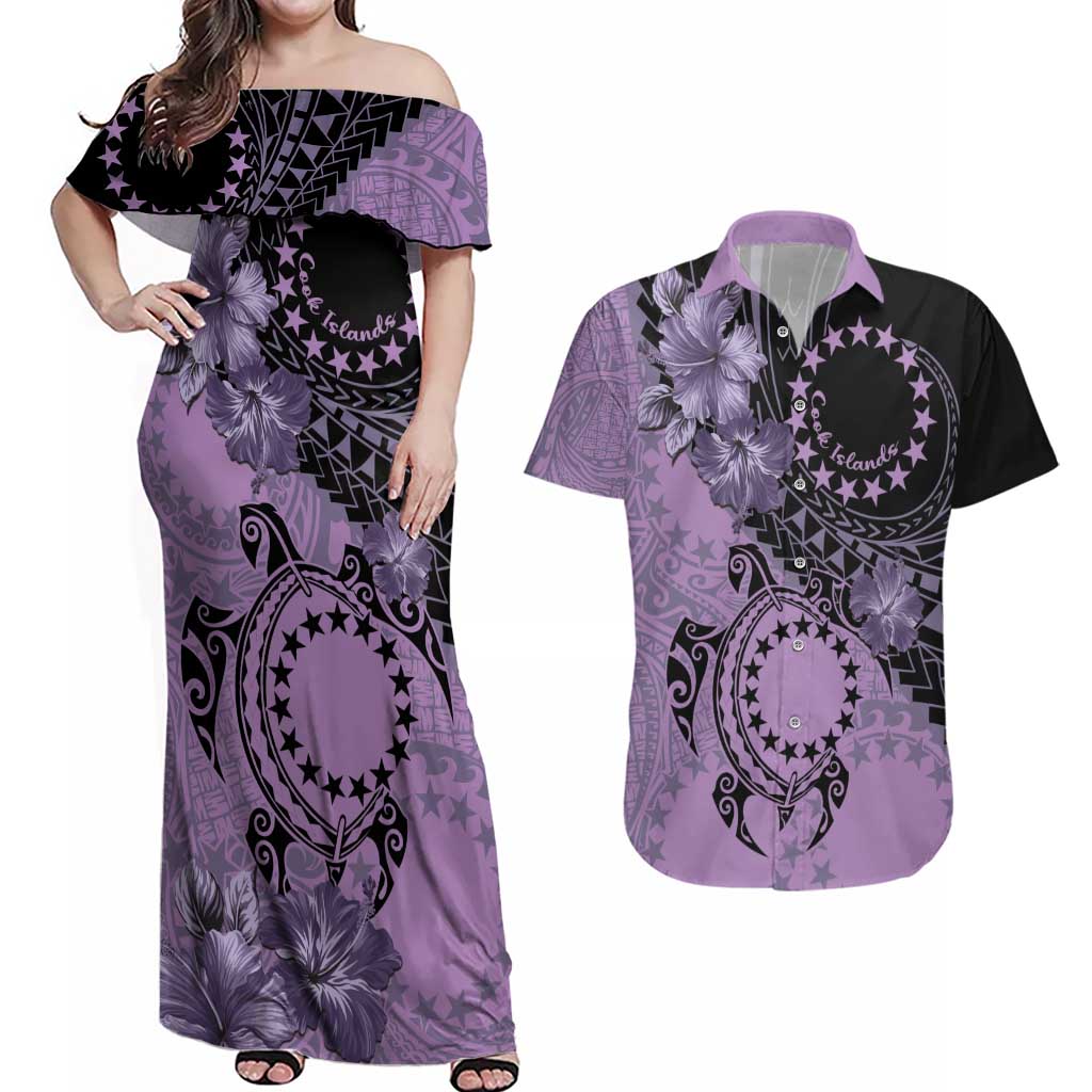 Cook Islands Turtle Couples Matching Off Shoulder Maxi Dress and Hawaiian Shirt Stars and Hibiscus - Purple LT01 Purple - Polynesian Pride