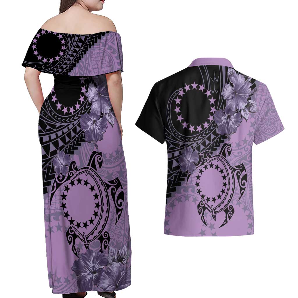 Cook Islands Turtle Couples Matching Off Shoulder Maxi Dress and Hawaiian Shirt Stars and Hibiscus - Purple LT01 - Polynesian Pride