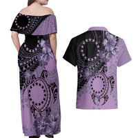Cook Islands Turtle Couples Matching Off Shoulder Maxi Dress and Hawaiian Shirt Stars and Hibiscus - Purple LT01 - Polynesian Pride