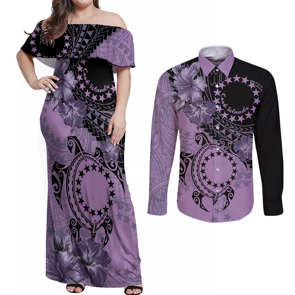 Cook Islands Turtle Couples Matching Off Shoulder Maxi Dress and Long Sleeve Button Shirt Stars and Hibiscus - Purple LT01 Purple - Polynesian Pride