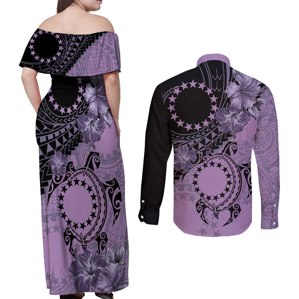 Cook Islands Turtle Couples Matching Off Shoulder Maxi Dress and Long Sleeve Button Shirt Stars and Hibiscus - Purple LT01 - Polynesian Pride