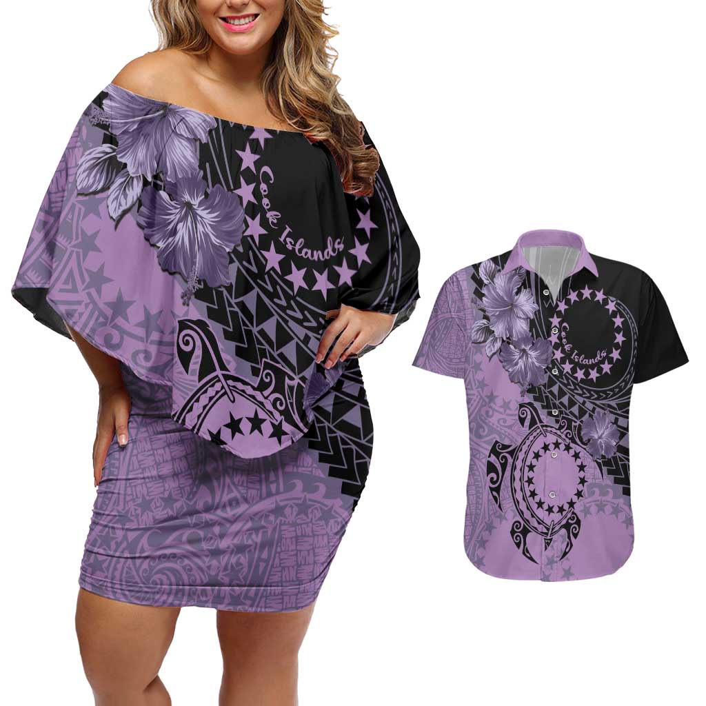 Cook Islands Turtle Couples Matching Off Shoulder Short Dress and Hawaiian Shirt Stars and Hibiscus - Purple LT01 Purple - Polynesian Pride