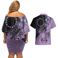 Cook Islands Turtle Couples Matching Off Shoulder Short Dress and Hawaiian Shirt Stars and Hibiscus - Purple LT01 - Polynesian Pride